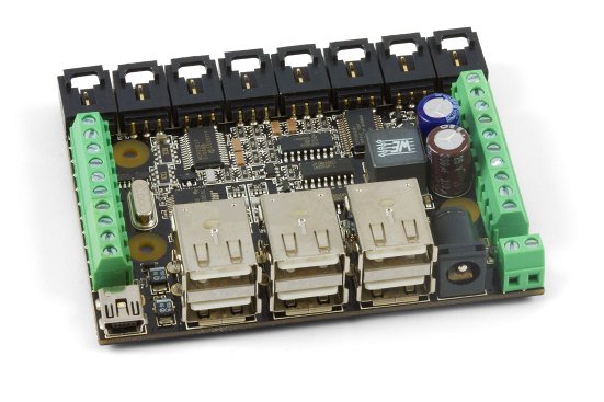 8 channel digital input/output, analog input Phidget with 6 port USB hub.
